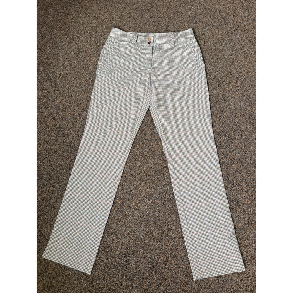 Nike Dri Fit Gray Purple Blue Plaid Golf Pants Gold Buttons Zip Pockets Size 6